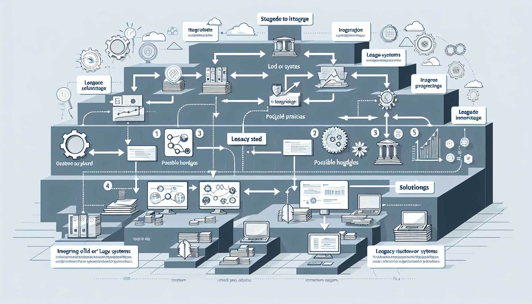 an infographic showcasing a phased approach to legacy system integration with key steps and methodologies