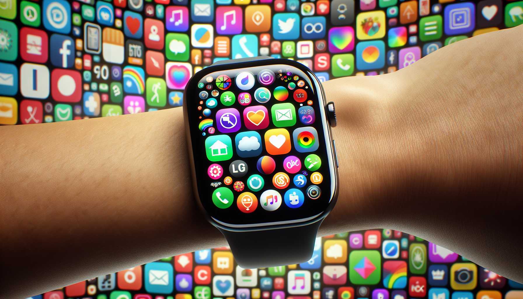 Smartwatch displaying various apps on its screen, against a backdrop of colorful mobile apps icons