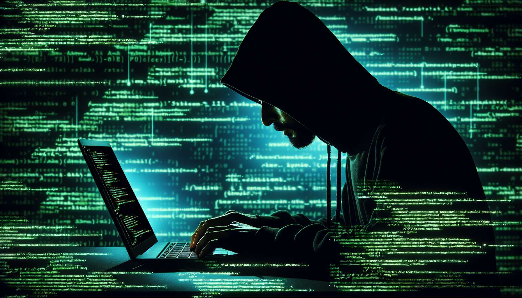 dark silhouette of a hacker with a laptop against a backdrop of code