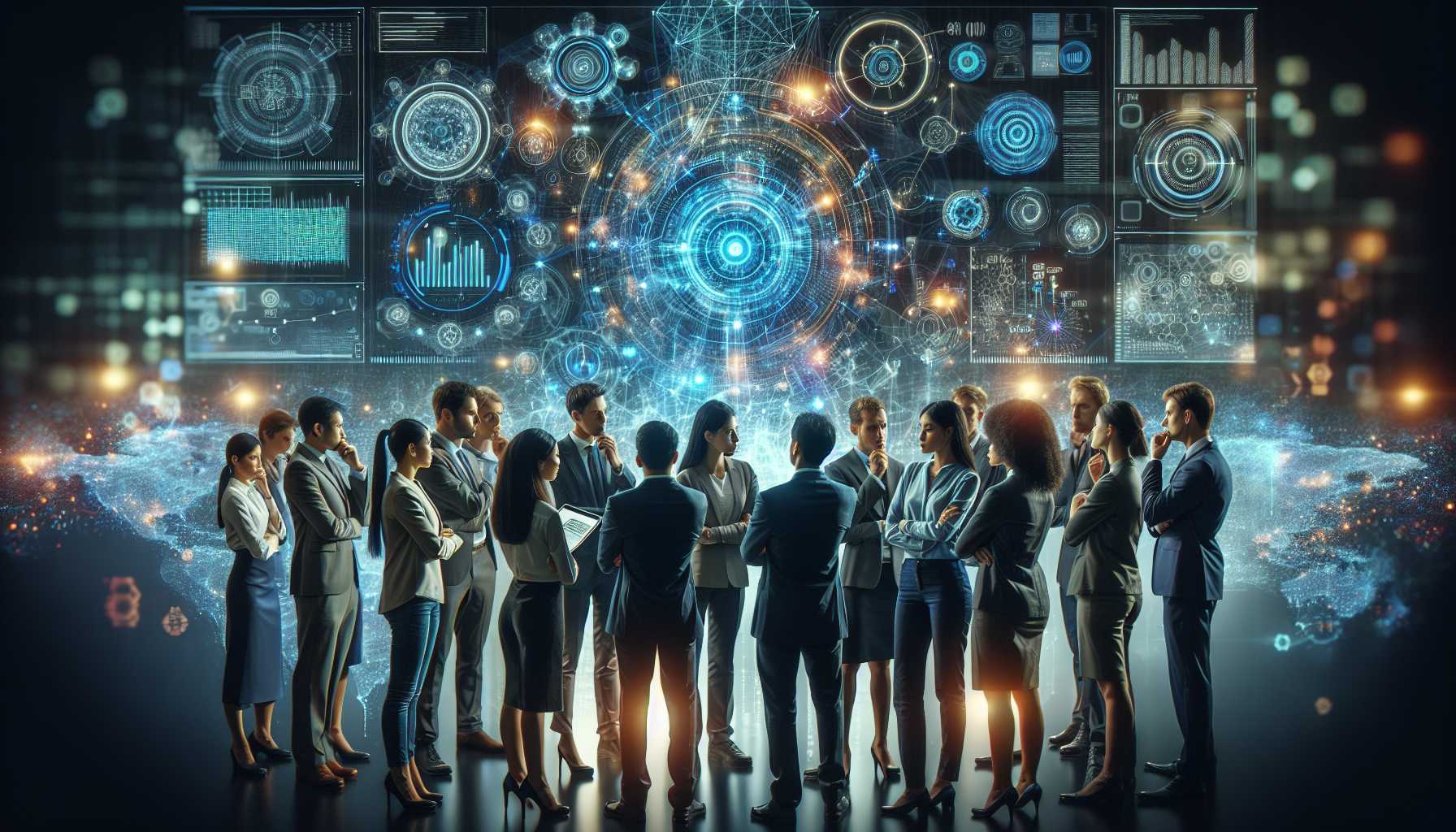 AI and cybersecurity professionals discussing around a holographic interface