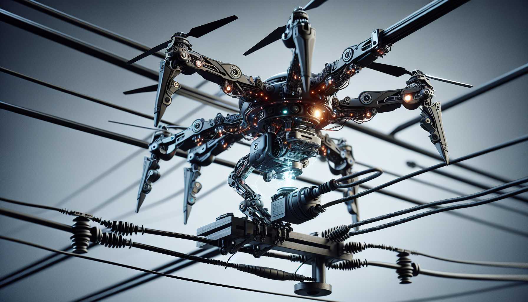 a drone with gripper arms charging from a power line