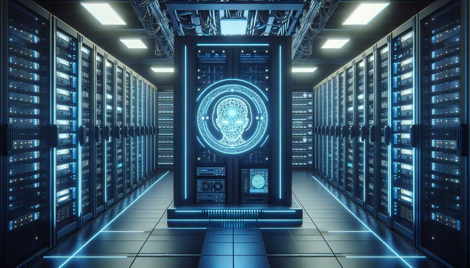 Futuristic server room with Zoom logo indicating AI advancements