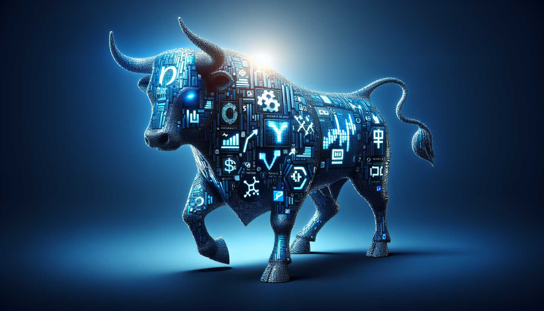 Bull in digital form representing Bull Market with tech symbols