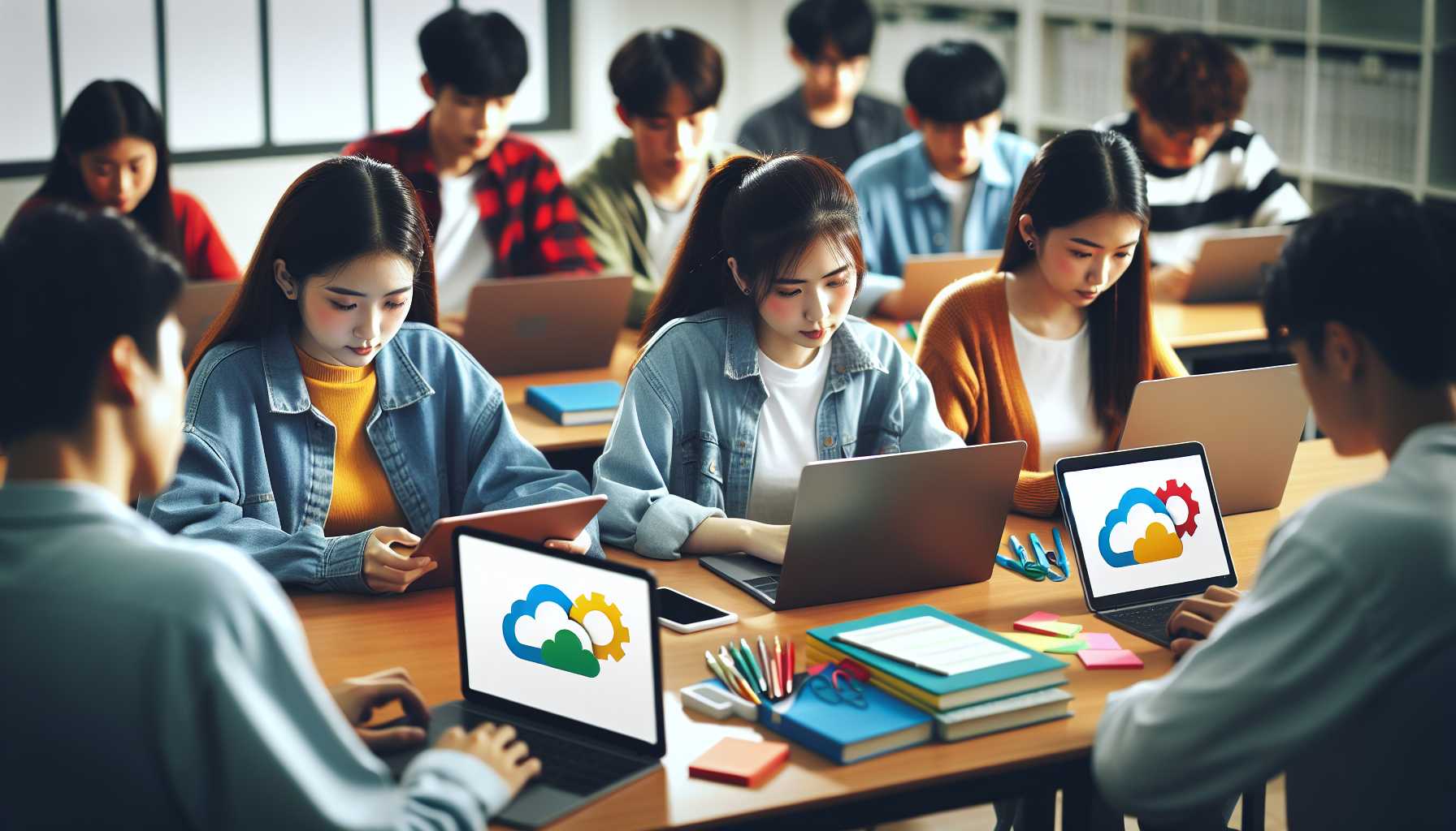 a group of Japanese students using laptops and tablets in a classroom, with Google Drive logos on the screens