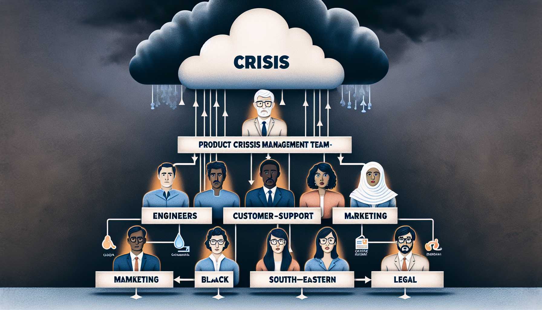 An org chart with product crisis management roles such as product leader, engineers, customer support, marketing, and legal under a storm cloud symbolizing crisis