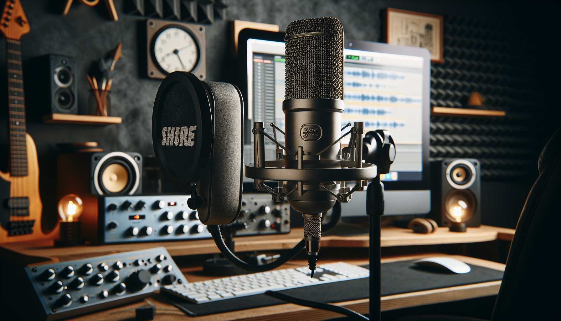 Shure MV7+ USB microphone set up in a home studio environment