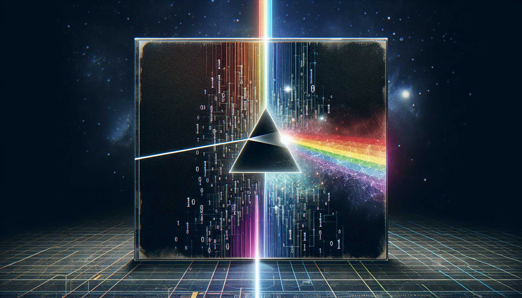Pink Floyd's Dark Side of the Moon album artwork with AI elements