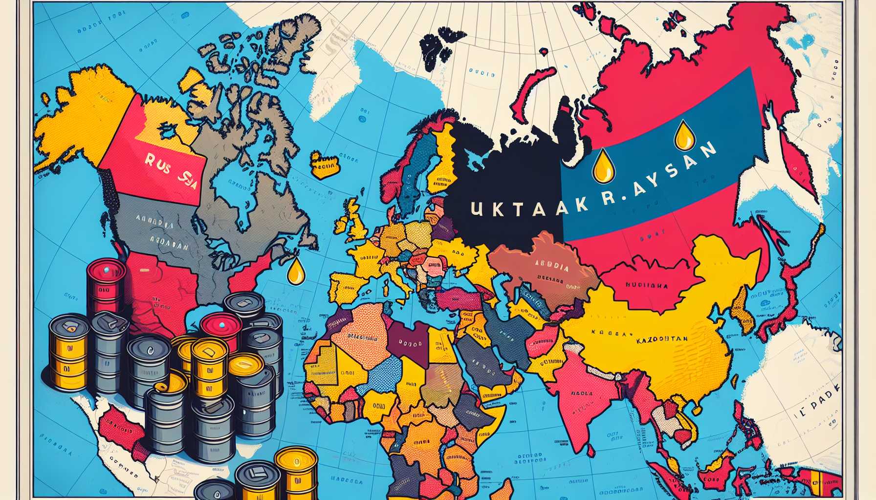 A geopolitical map highlighting Russia, Ukraine, and Kazakhstan with oil barrels