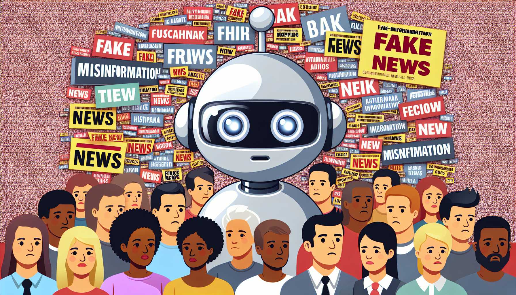 A cartoon AI bot surrounded by fake news headlines and puzzled people