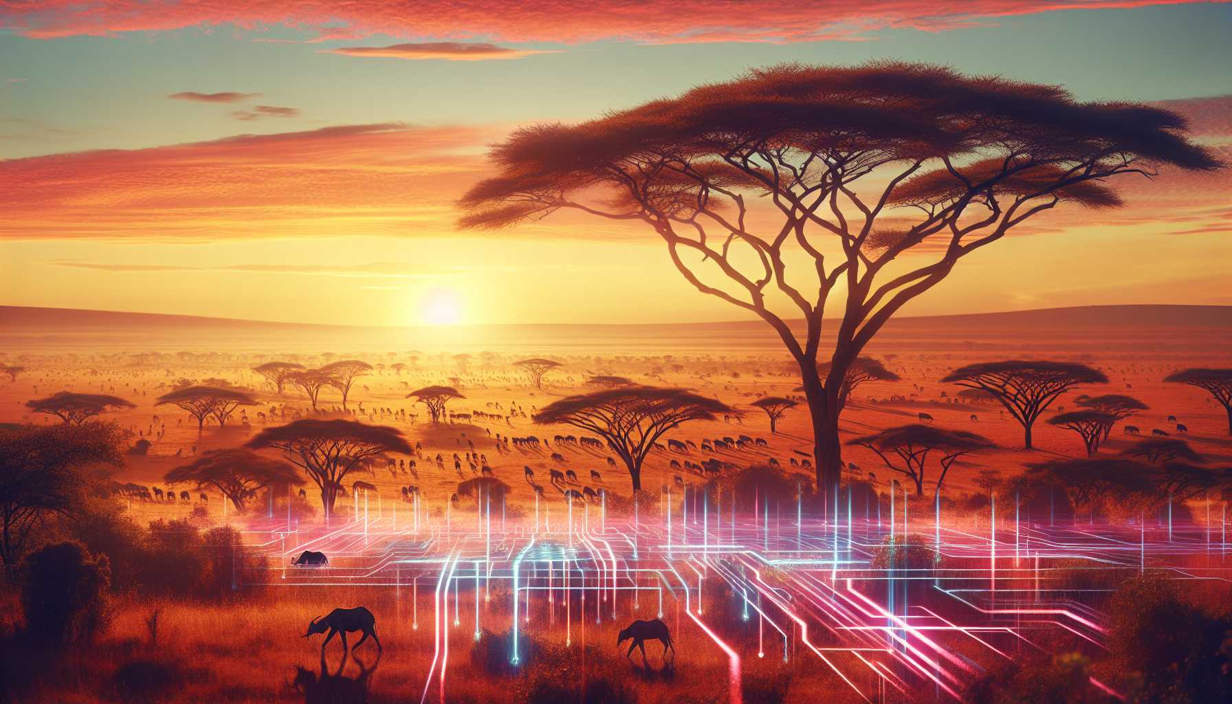 African savannah at sunrise with digital grid overlay symbolizing tech growth