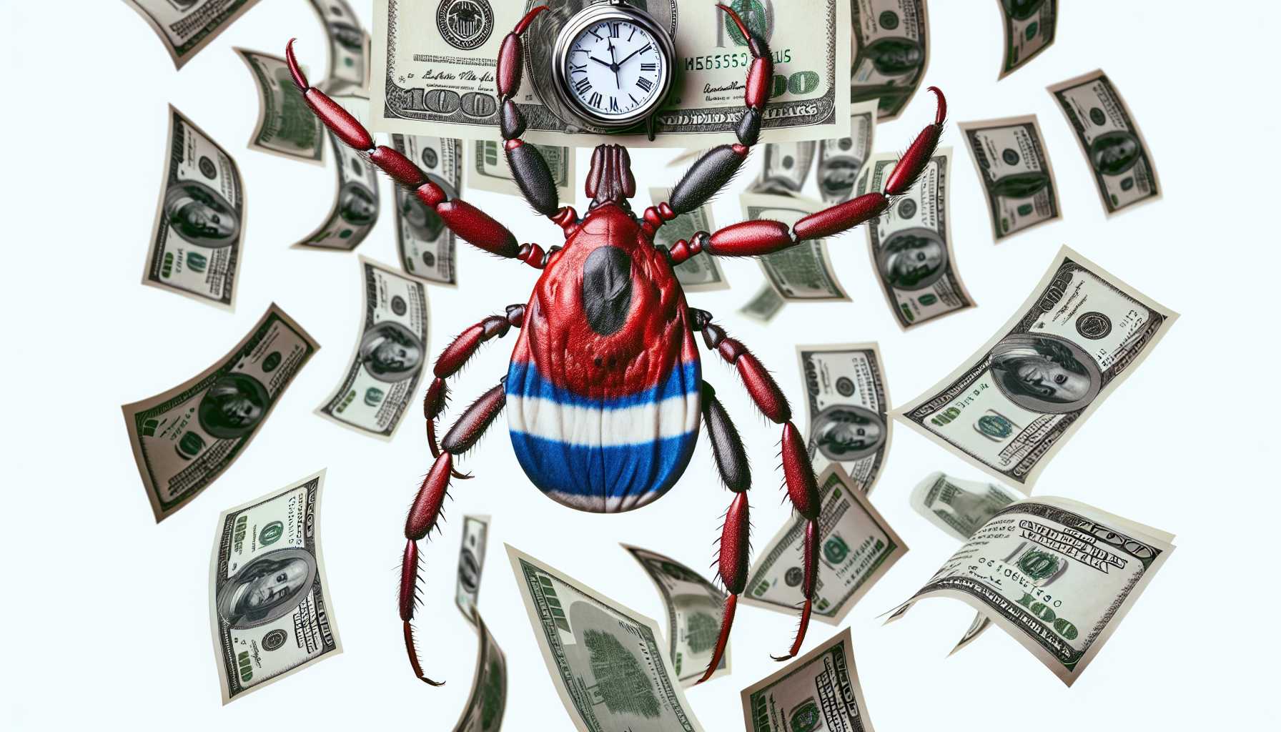 Dollar bills raining over a red, white, and blue-striped tick with a clock face