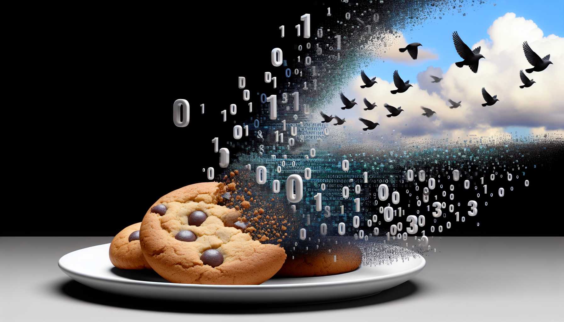 A crumbled cookie with digital zeros and ones flying out like a flock of birds