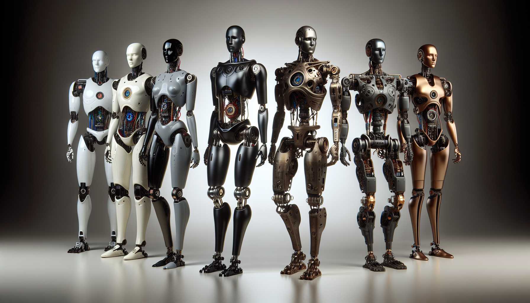 Five humanoid robots each with a chip for a brain standing in a lineup