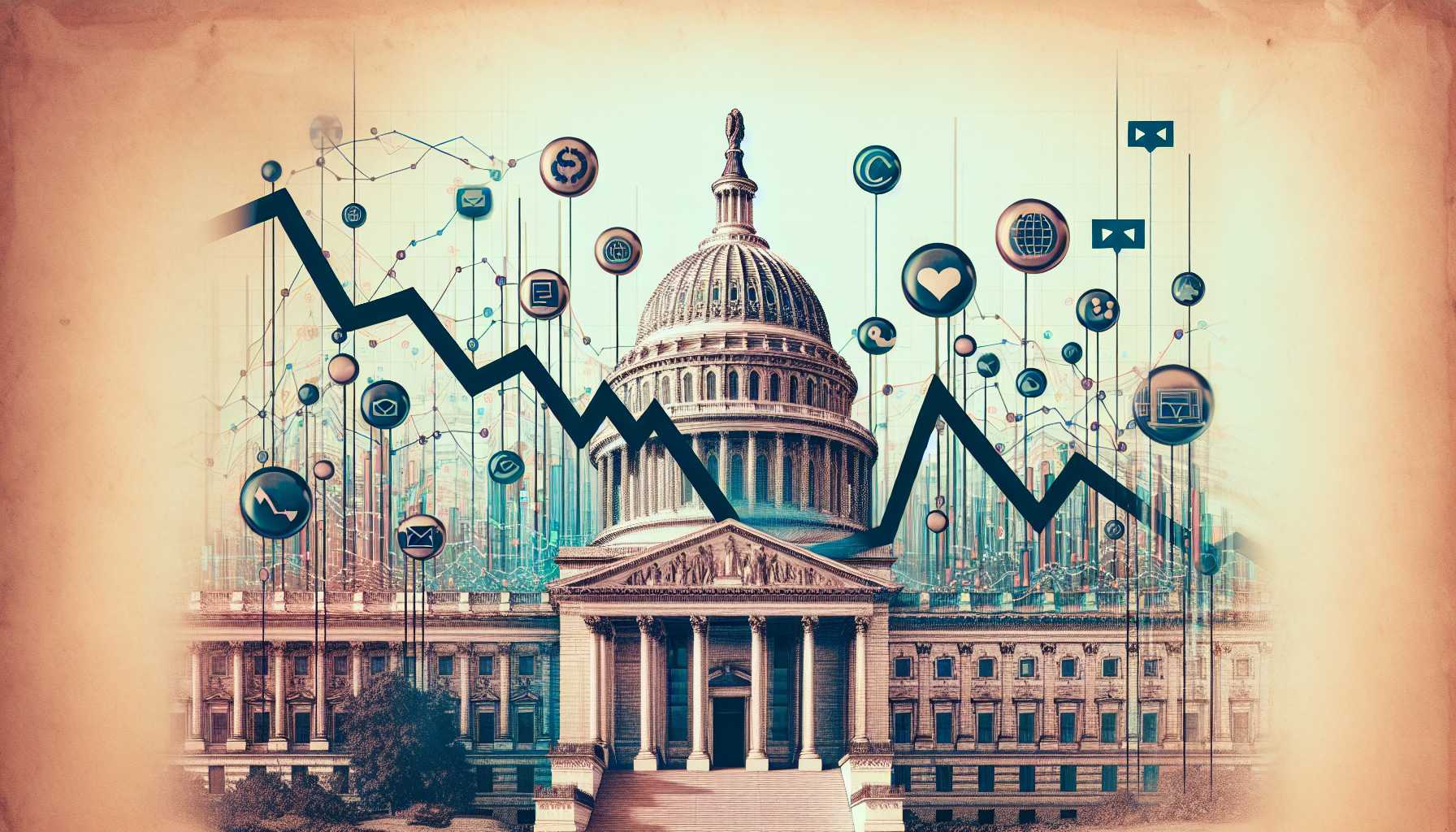 A graph showing stock prices falling with a backdrop of U.S. Capitol and social media icons