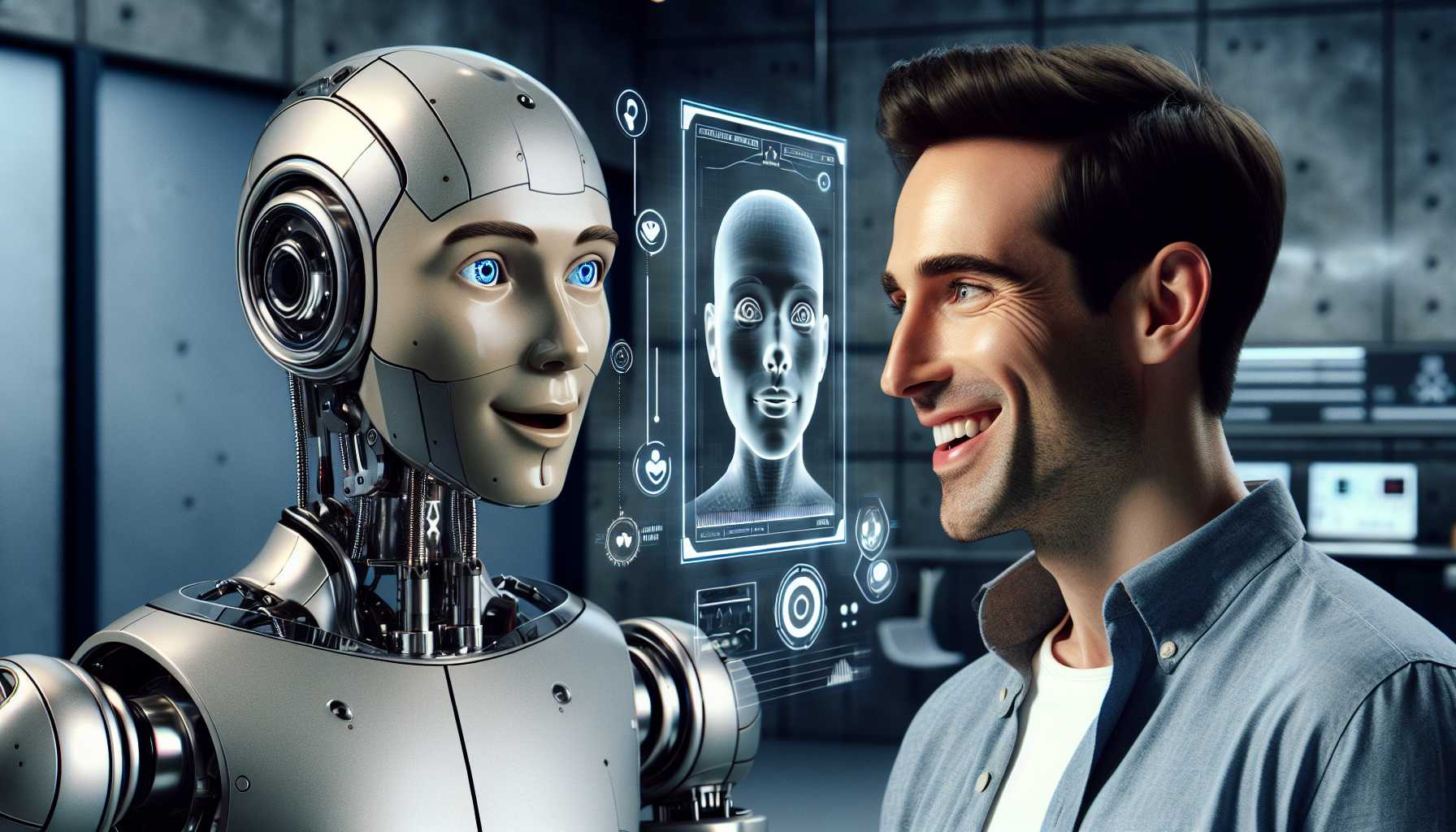 Robot with human-like facial expressions interacting with a person