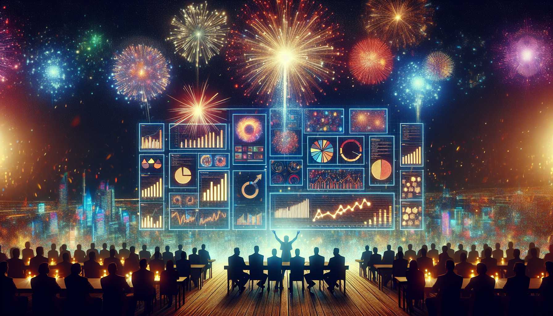 celebration of success with fireworks and digital screens showing graphs