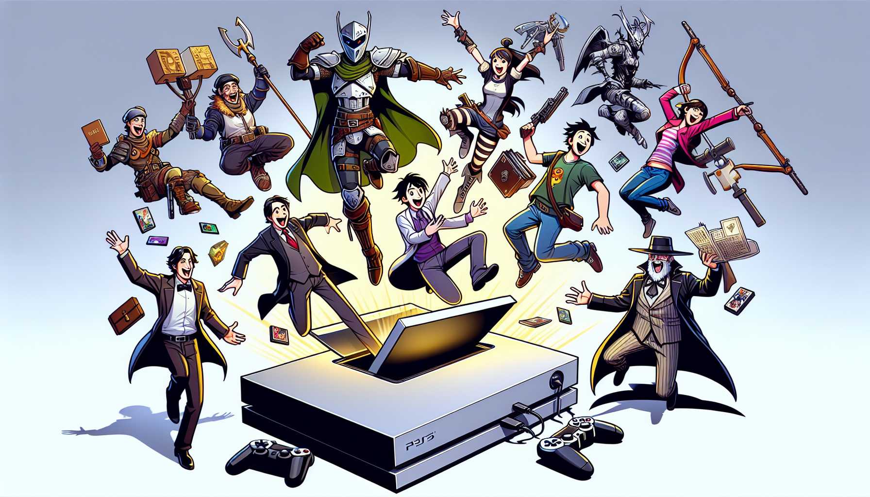 a group of video game characters from various genres joyously leaping out of a PS5 console