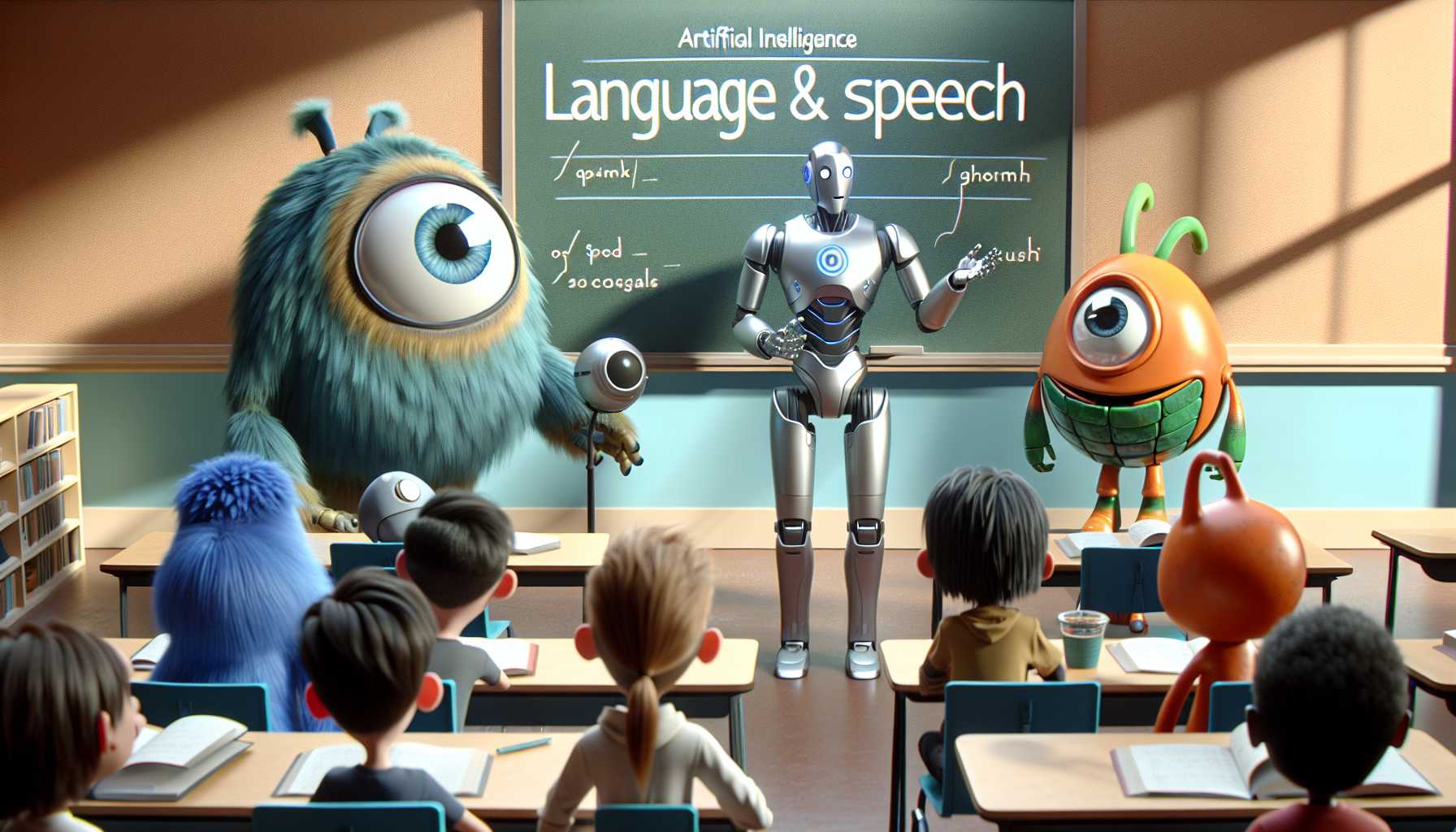 an AI humanoid robot teaching speech to a group of diverse animated characters