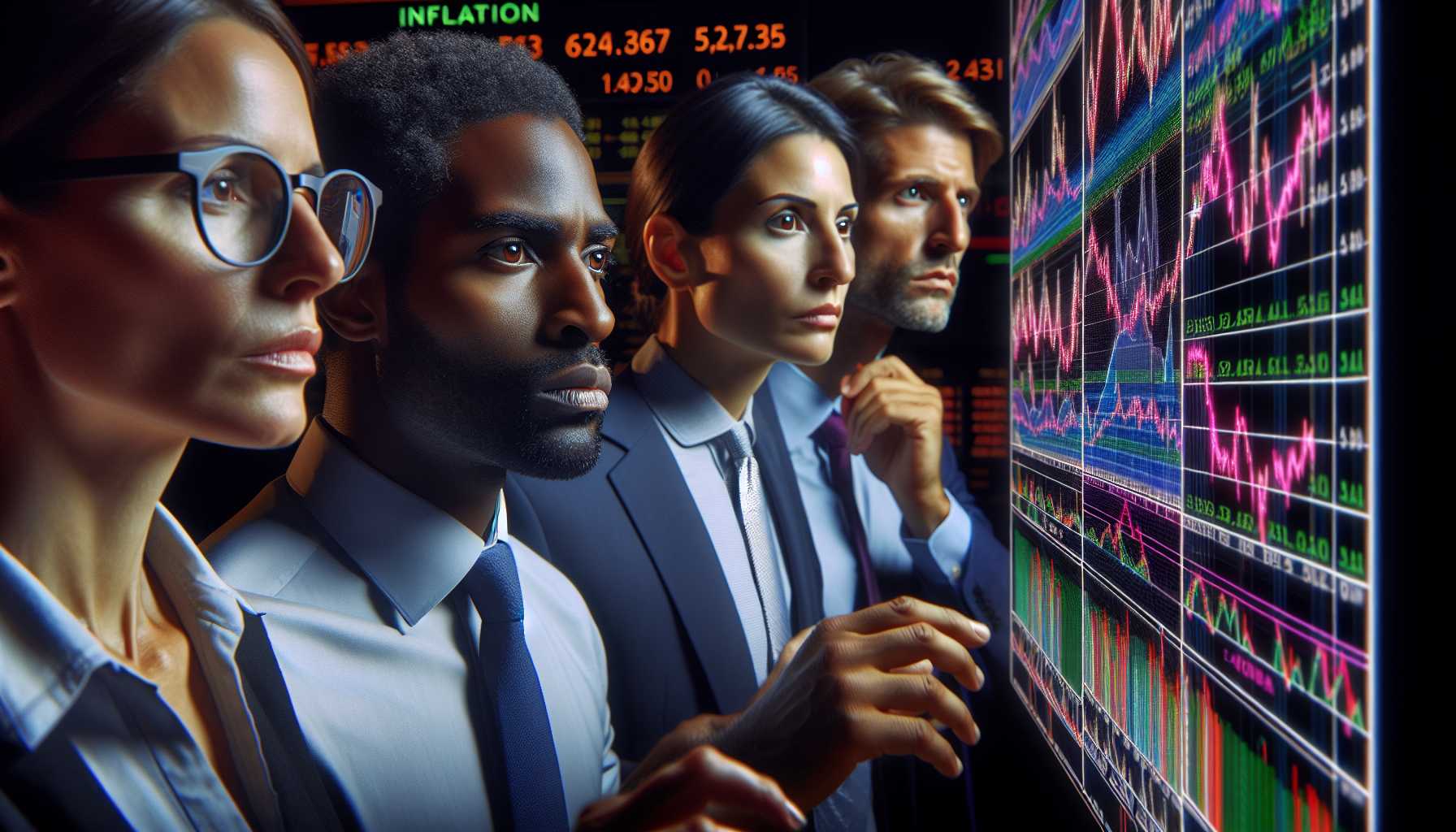 Wall Street traders in front of a digital board showing inflation data and tech stock performances