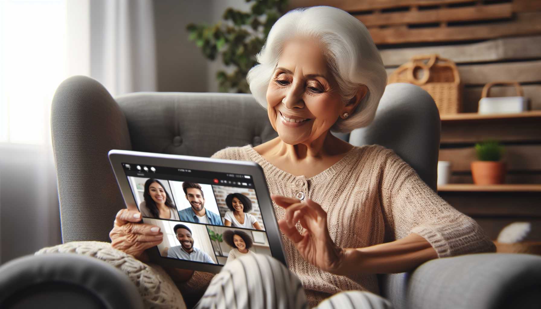 an elderly person using a tablet to video call with their family