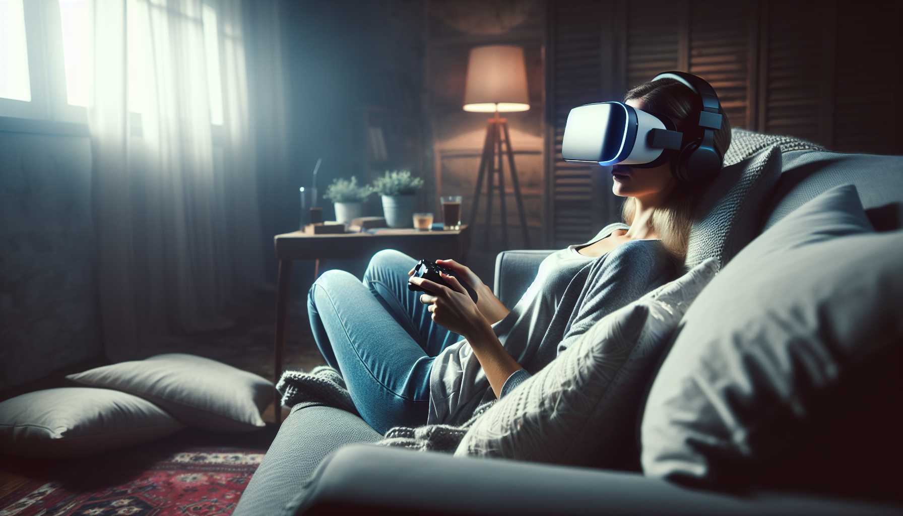 Relaxed person using VR headset while lying down