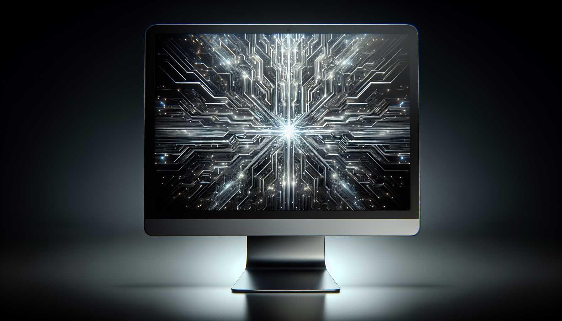 shiny new Mac computer with artificial intelligence circuit patterns emanating from it