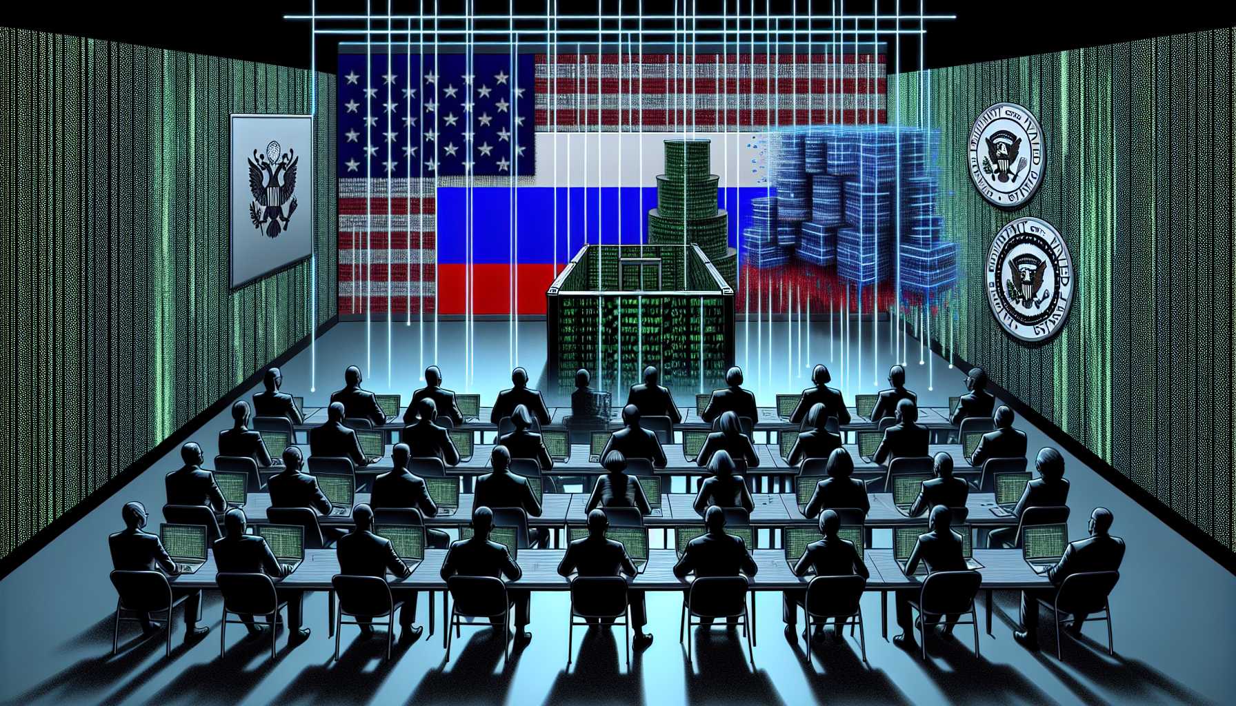 a metaphorical image of Russian hackers breaching U.S. federal agency emails