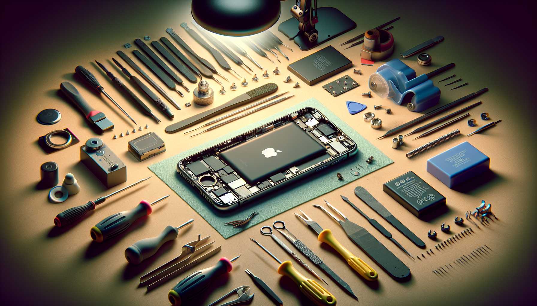 Apple iPhone with repair tools and used parts on a workbench