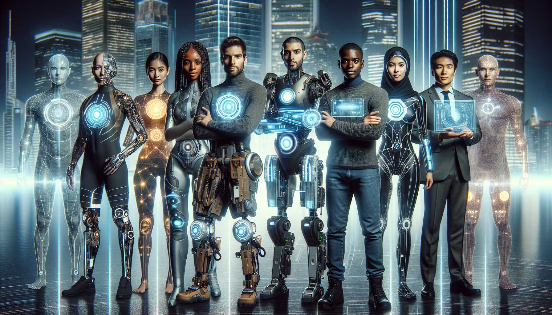 Group of humans augmented with technological gear