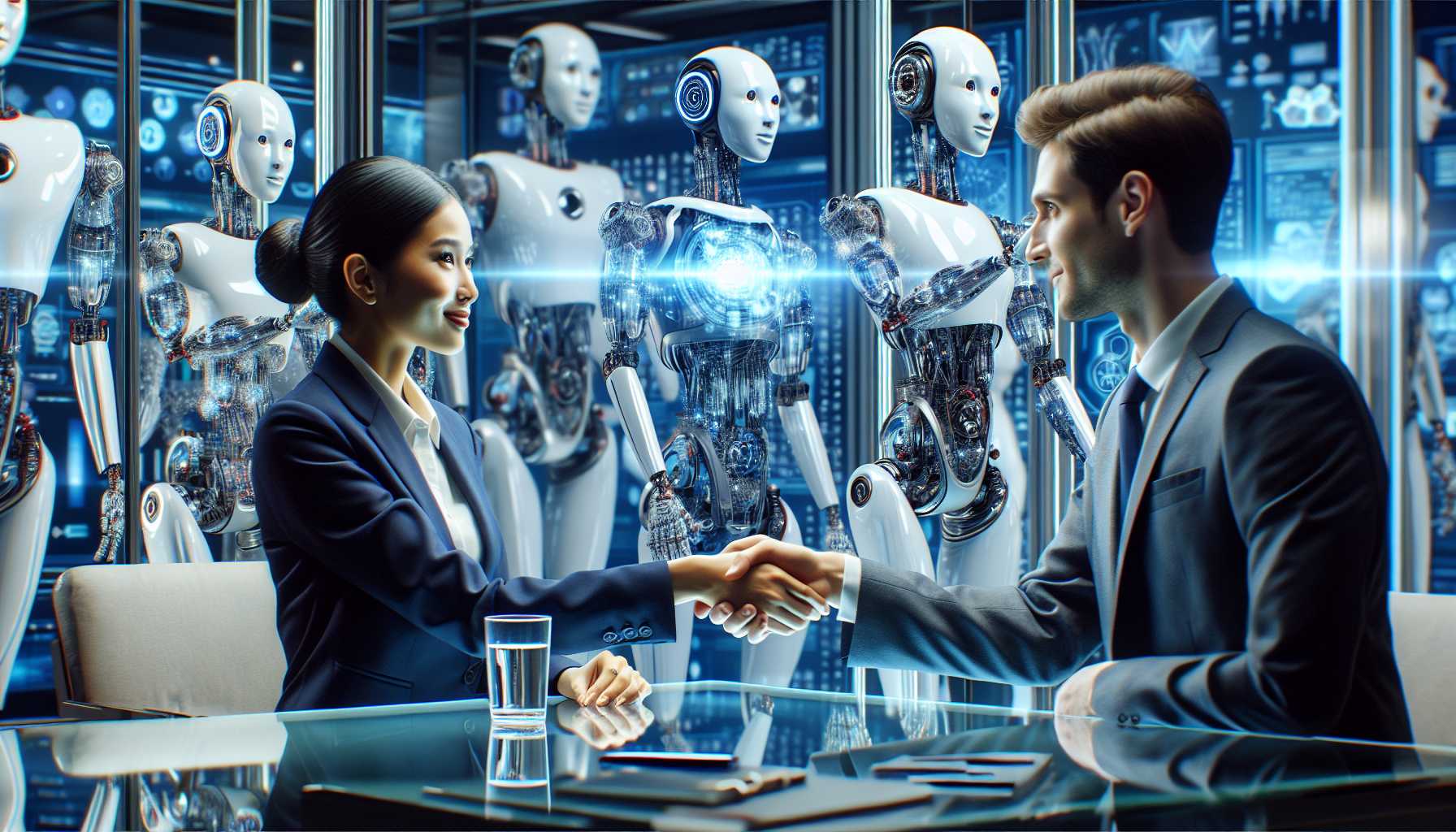 Two businesspeople shaking hands on a bet with AI robots in the background
