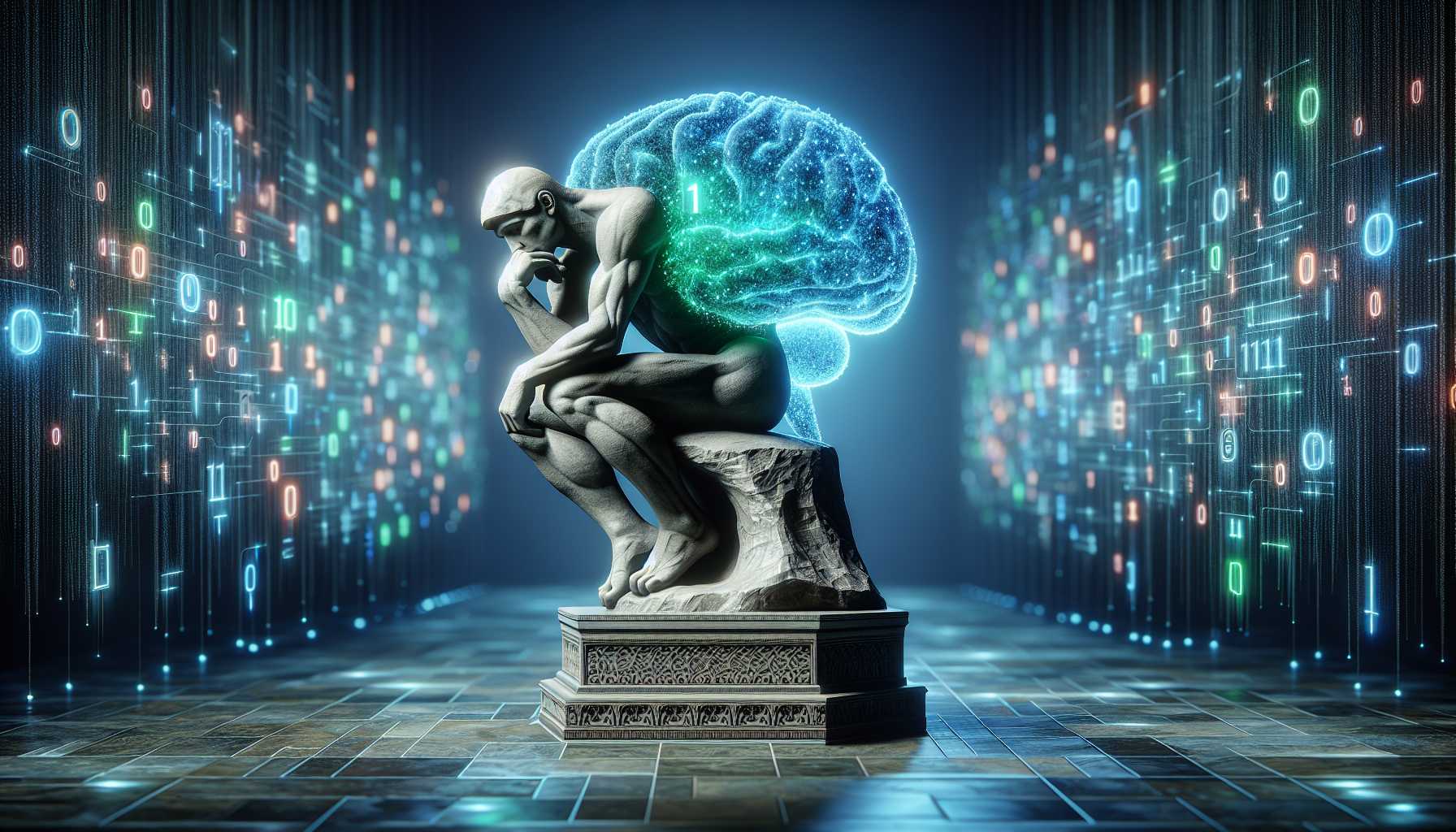 A thinker statue with a digital brain