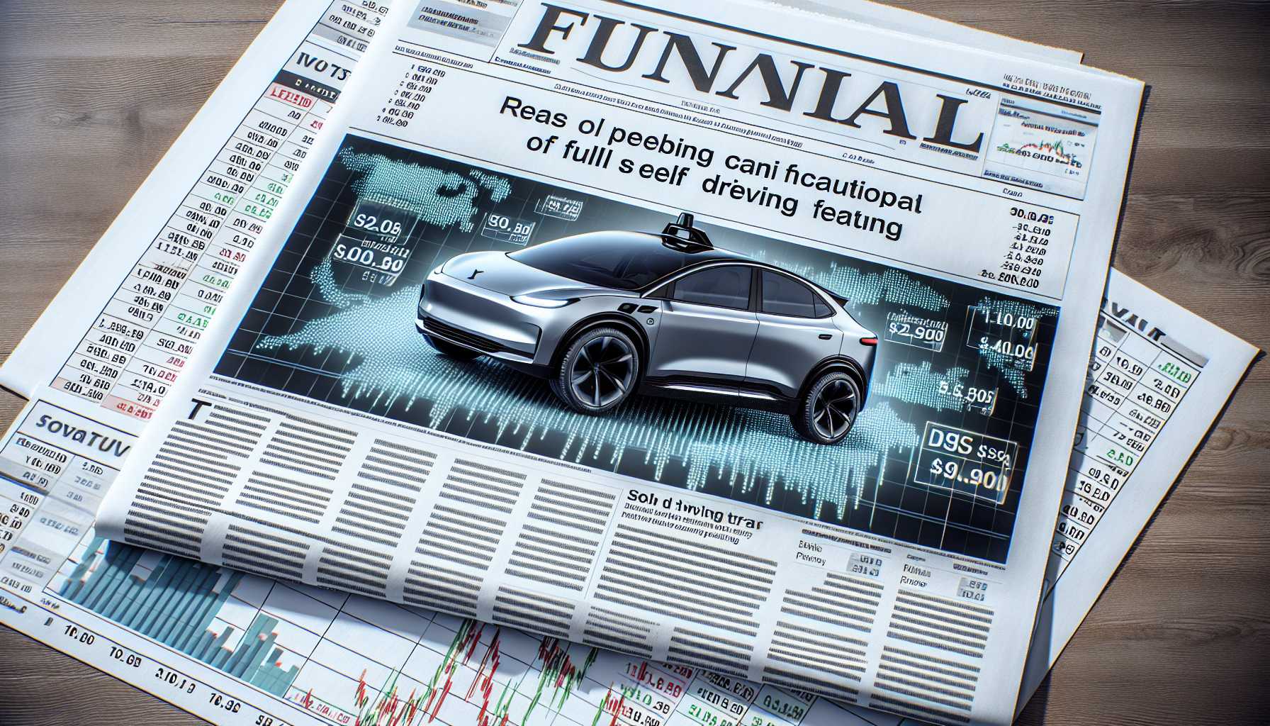 Tesla car with price tags showing Full Self Driving feature in financial newspaper
