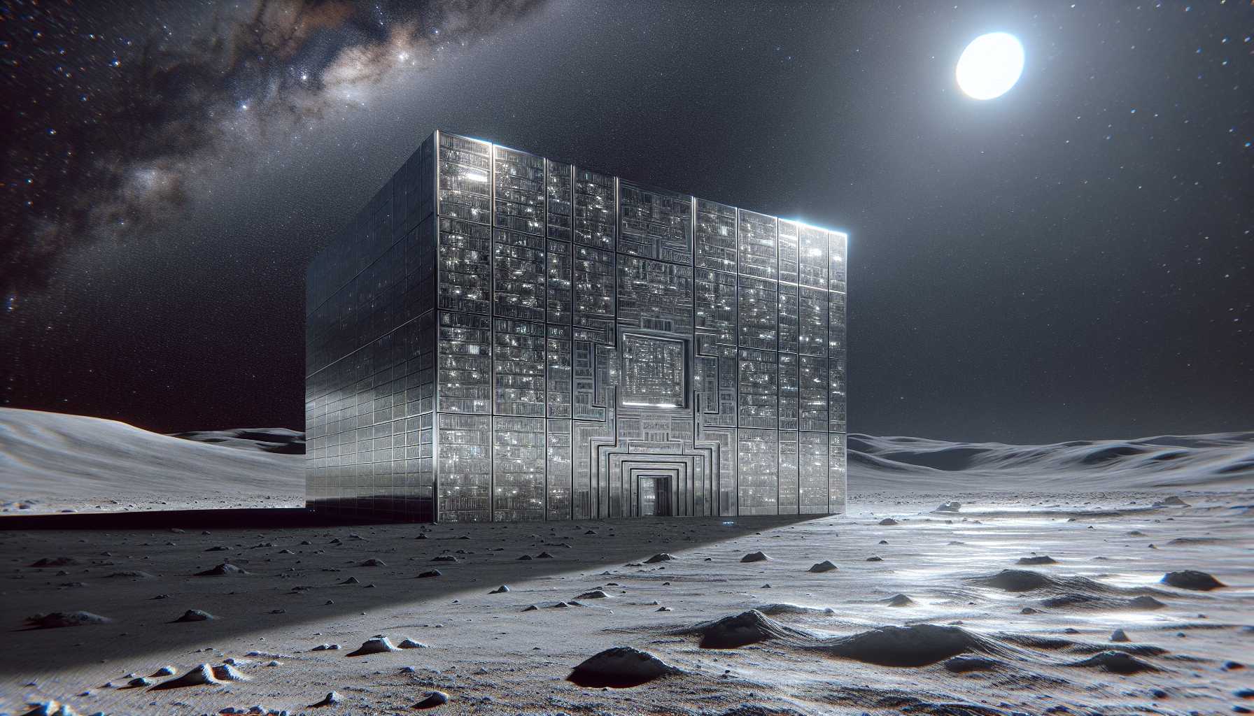 A futuristic library made of nickel etched with millions of pages, resting on the moon's surface
