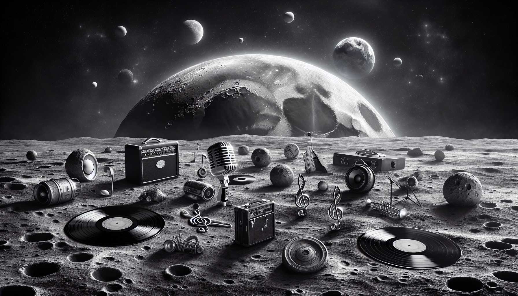 Classic vinyl records and music icons symbolically represented on the moon