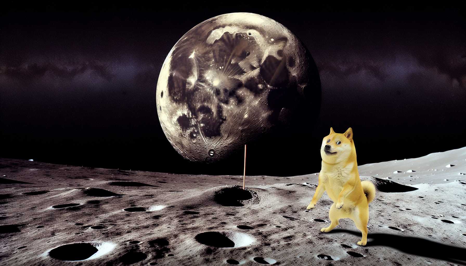 A Dogecoin logo humorously planted on the moon’s soil