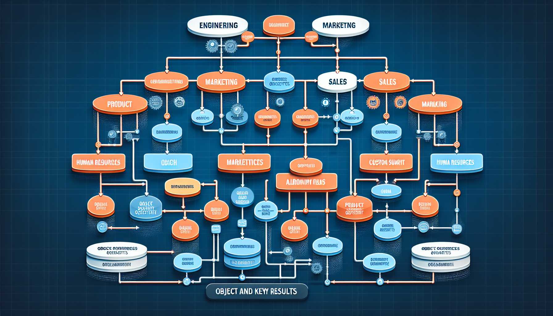 an organizational chart with OKR nodes showing alignment across a tech company's departments