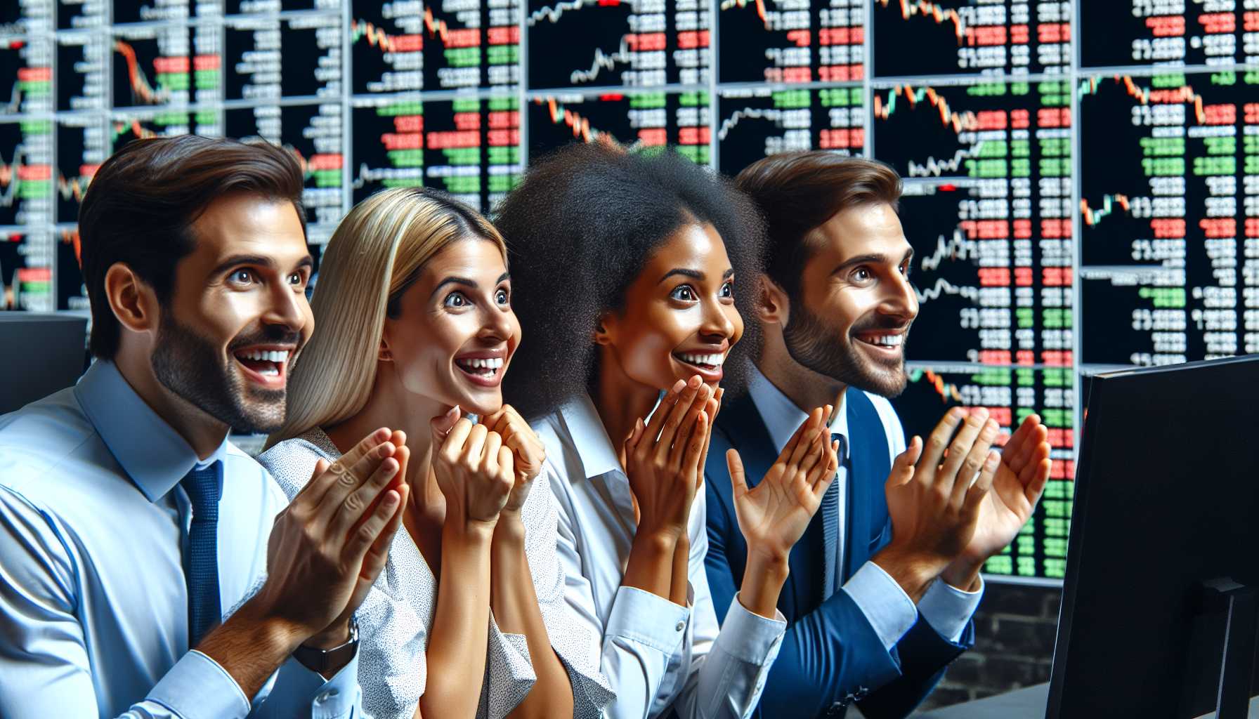 excited crowd watching stock market screens