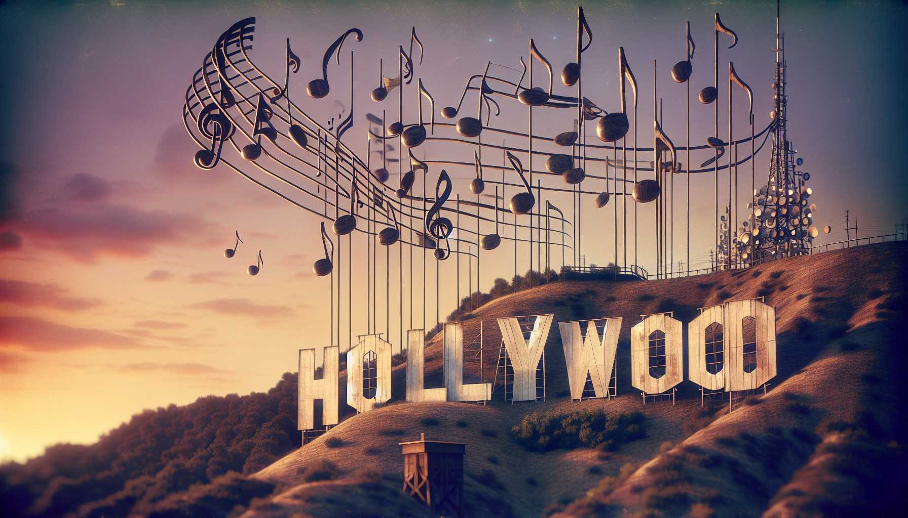 vintage Hollywood sign with musical notes