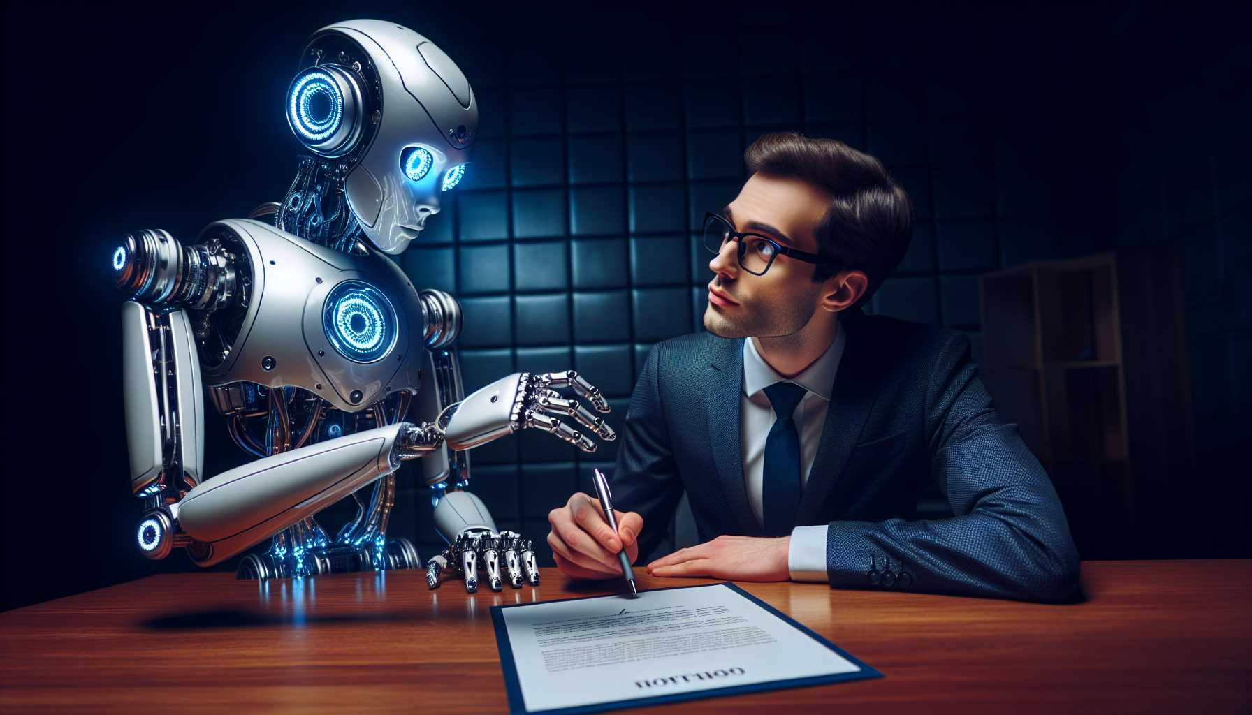 artificial intelligence robot signing a contract with a human