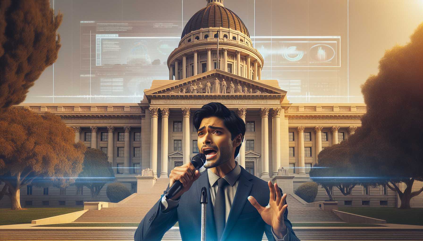 actor in front of California state capitol advocating for digital rights