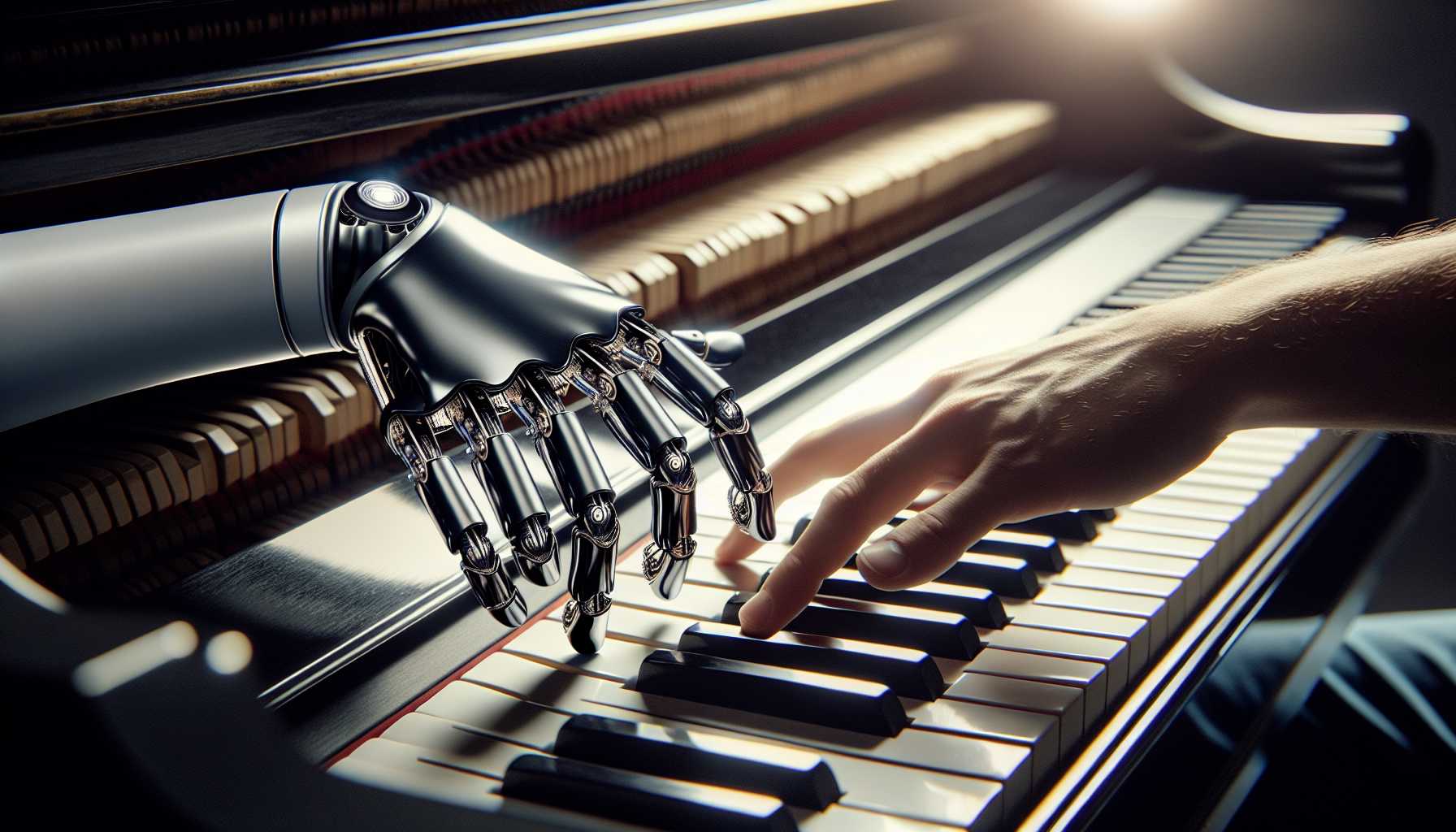 human hand and AI robot hand creating music together on a piano