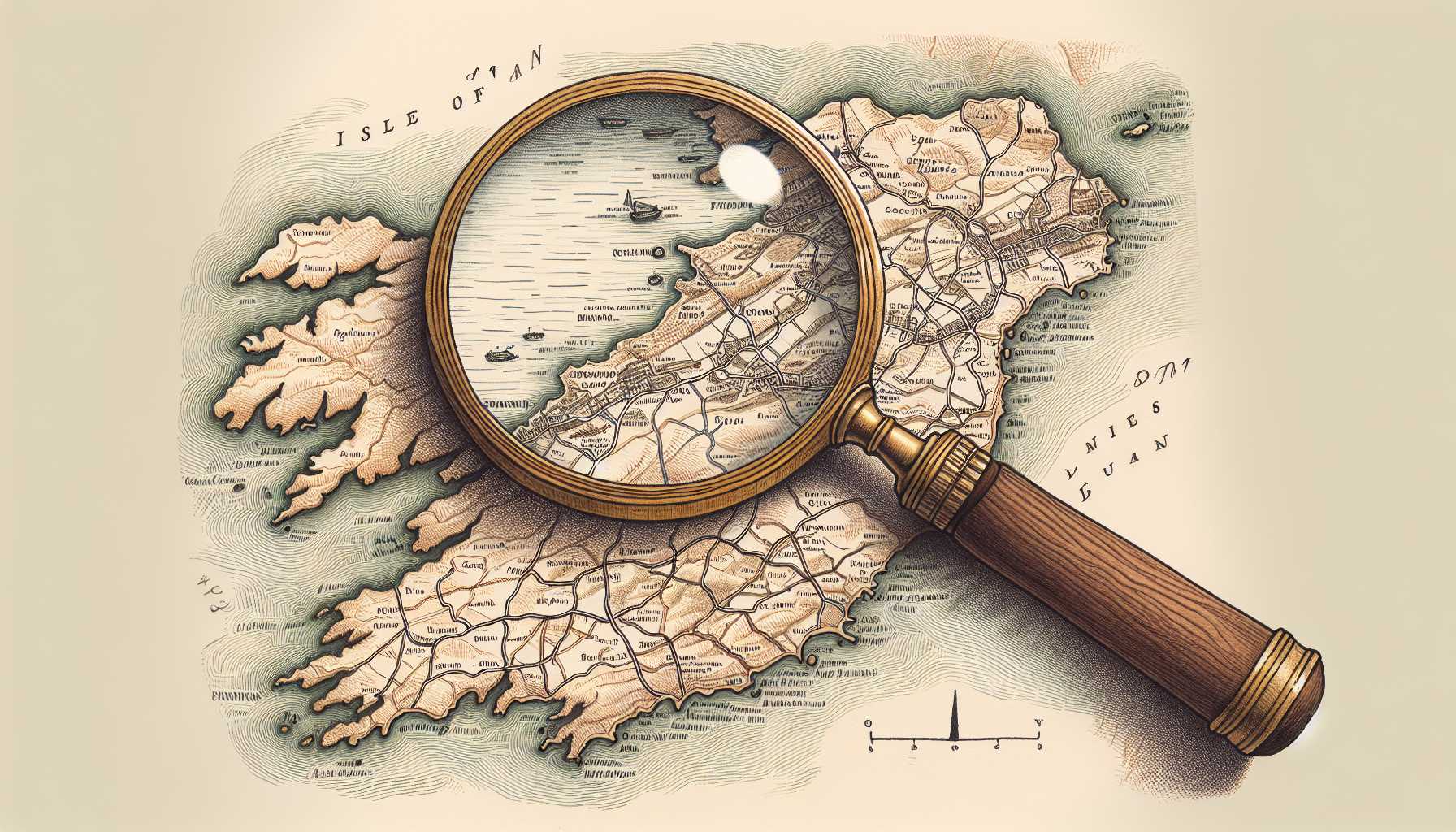 Map of the Isle of Man with a magnifying glass