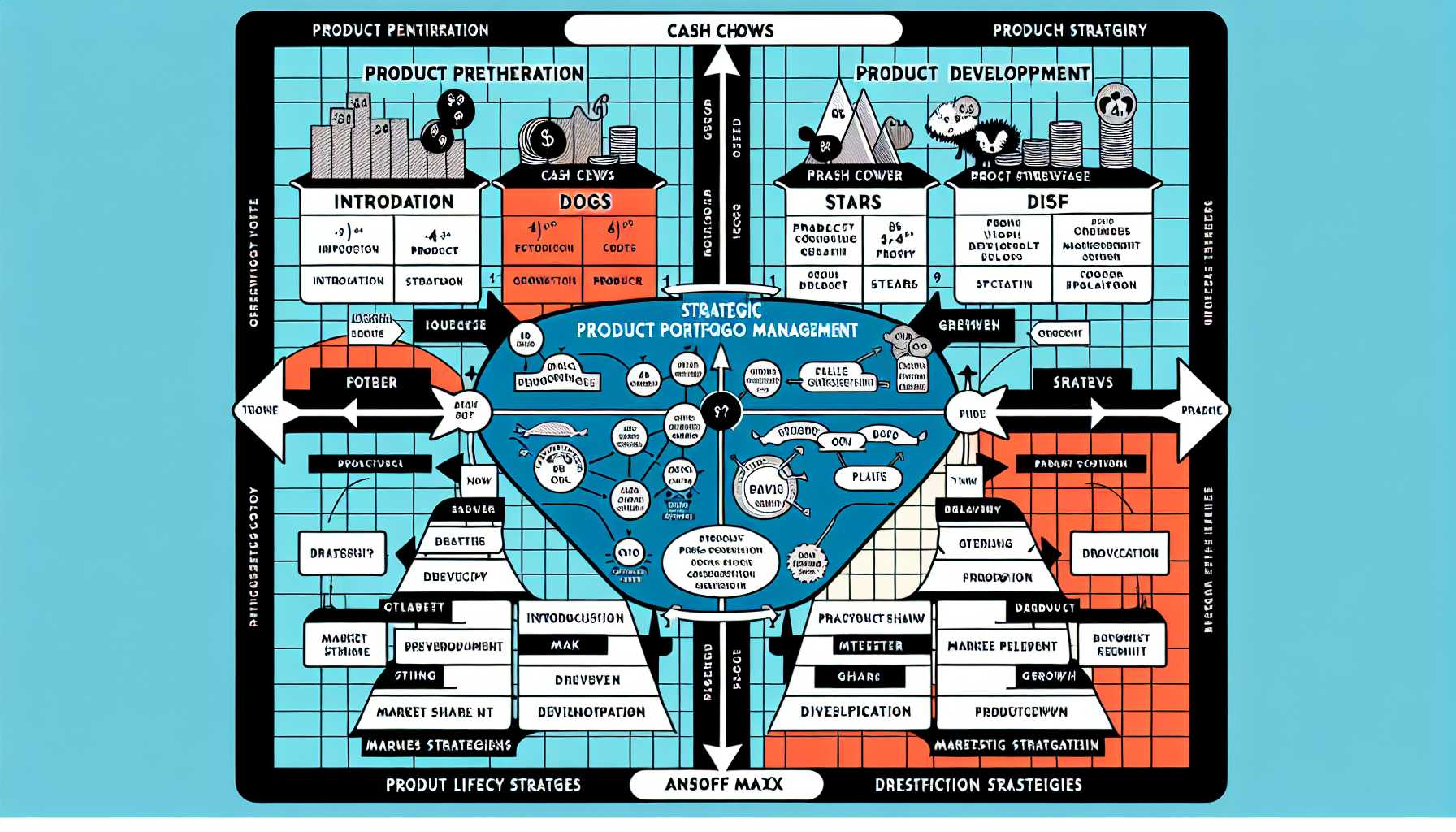 organigram of strategic product portfolio management including BCG matrix, product lifecycle, and Ansoff matrix