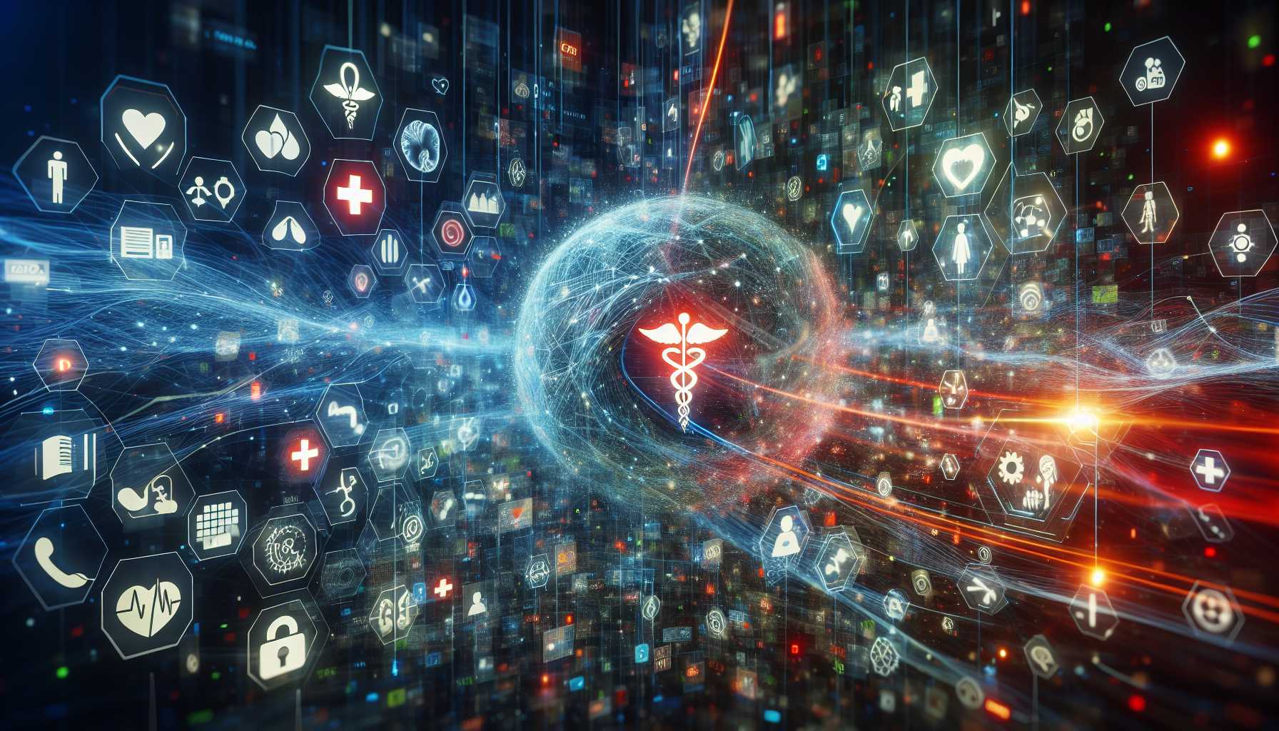 Generative AI concept in healthcare with digital data points and care symbols