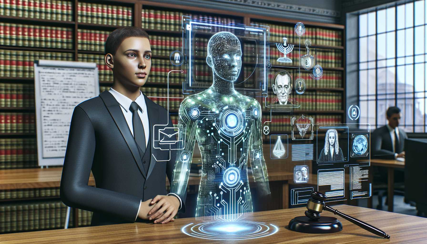 AI-based legal services concept with digital lawyer in a courtroom