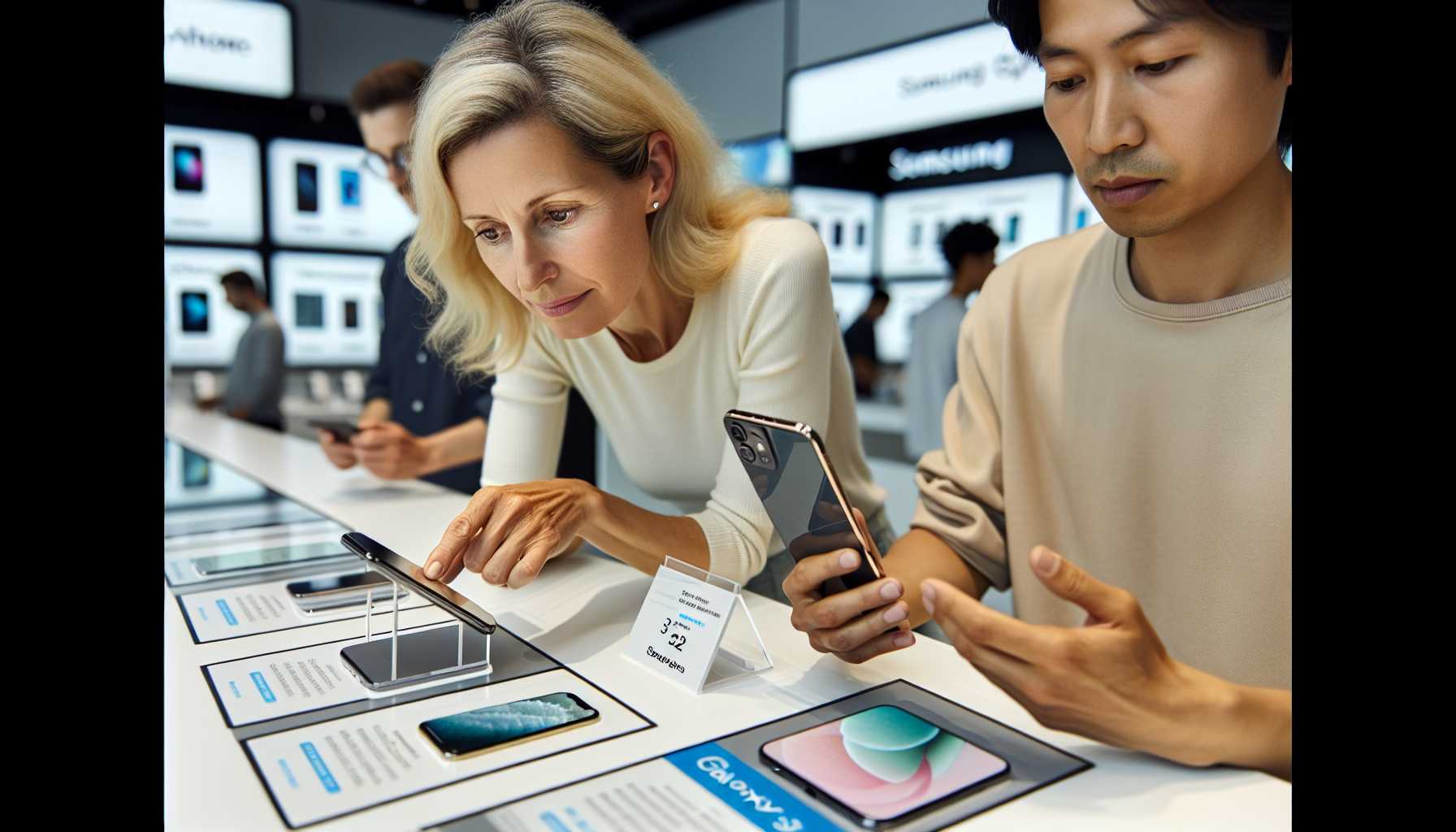 shopper comparing Apple iPhone and Samsung Galaxy S24 in an electronics store