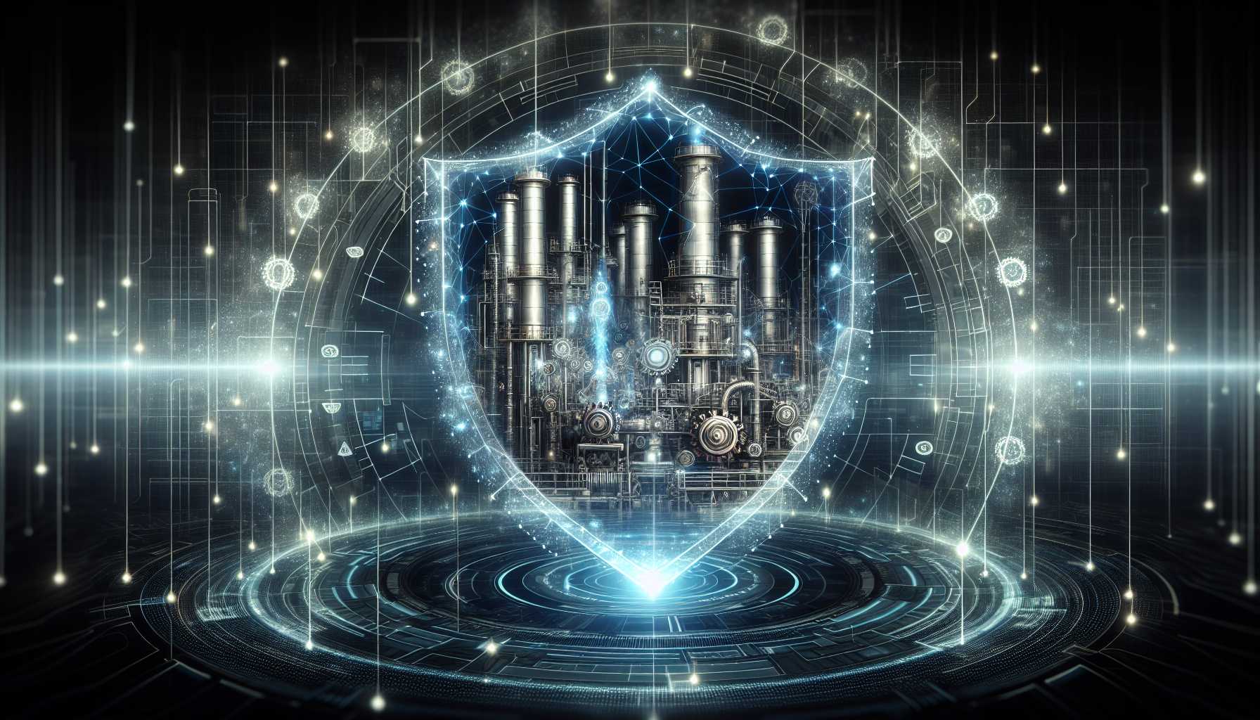 Abstract visualization of a cyber shield protecting industrial machinery