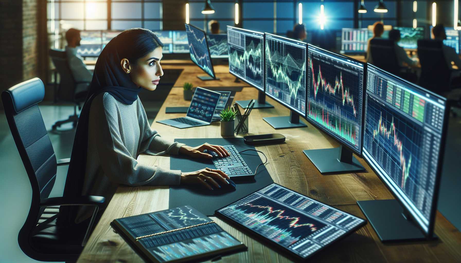 Investor analyzing tech stocks on multiple computer screens