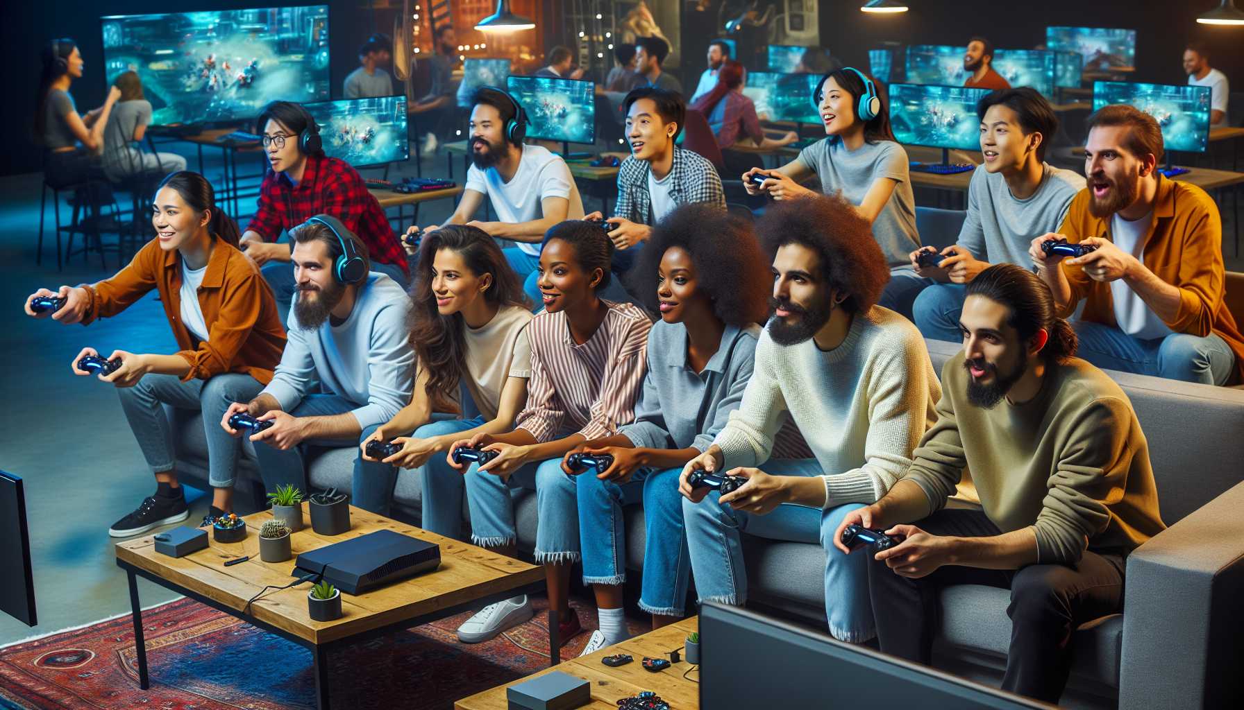 a group of people playing video games together in a room
