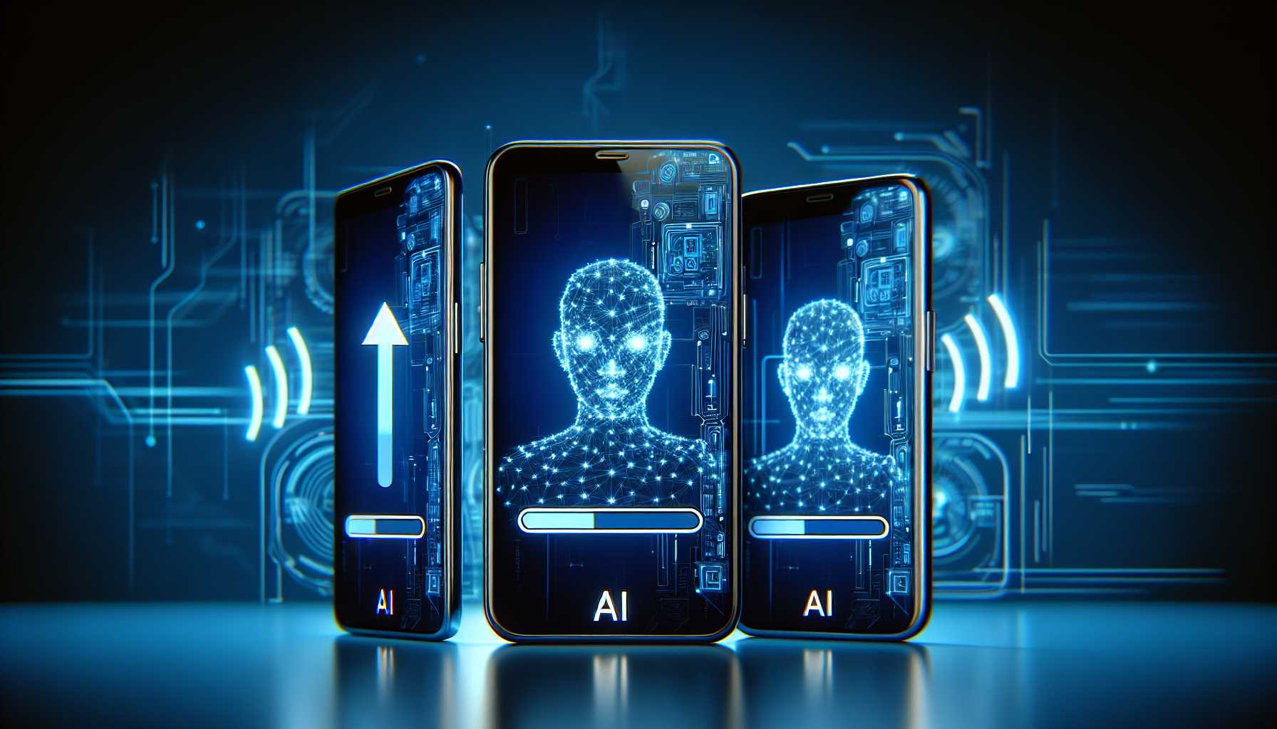 a graphic image depicting Samsung Galaxy AI smartphones receiving AI updates over the air